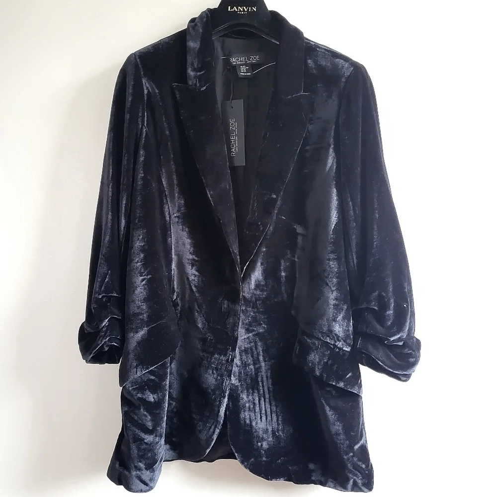 New Rachel Zoe Velvet Single Button Long Black Blazer NWT Size X-Small